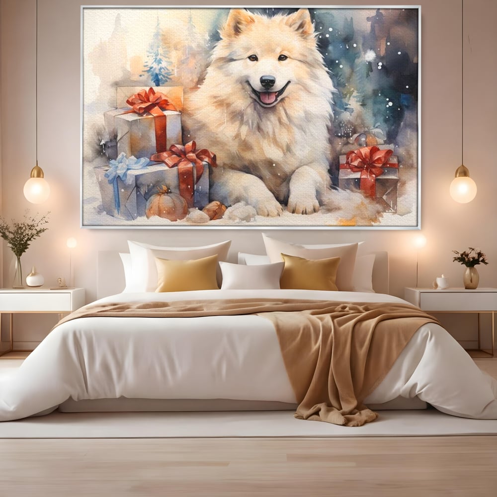 Tablou Canvas Premium LuxCanva® D1034, Un Samoyed in Dar , Caine, Blana, Bej, Cutii, Cadouri, Latrat, Camera Copii, Culori vibrante