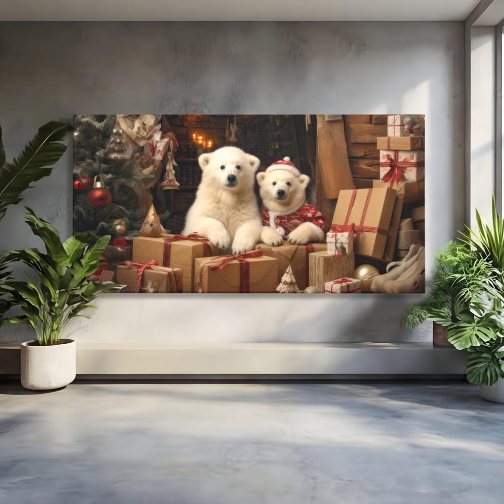 Tablou Canvas Premium LuxCanva® D1037, Craciunul Ursuletilor Polari , Ursi, Polari, Asteptare, Polul Nord, Festiv, Living Room, Culori vibrante