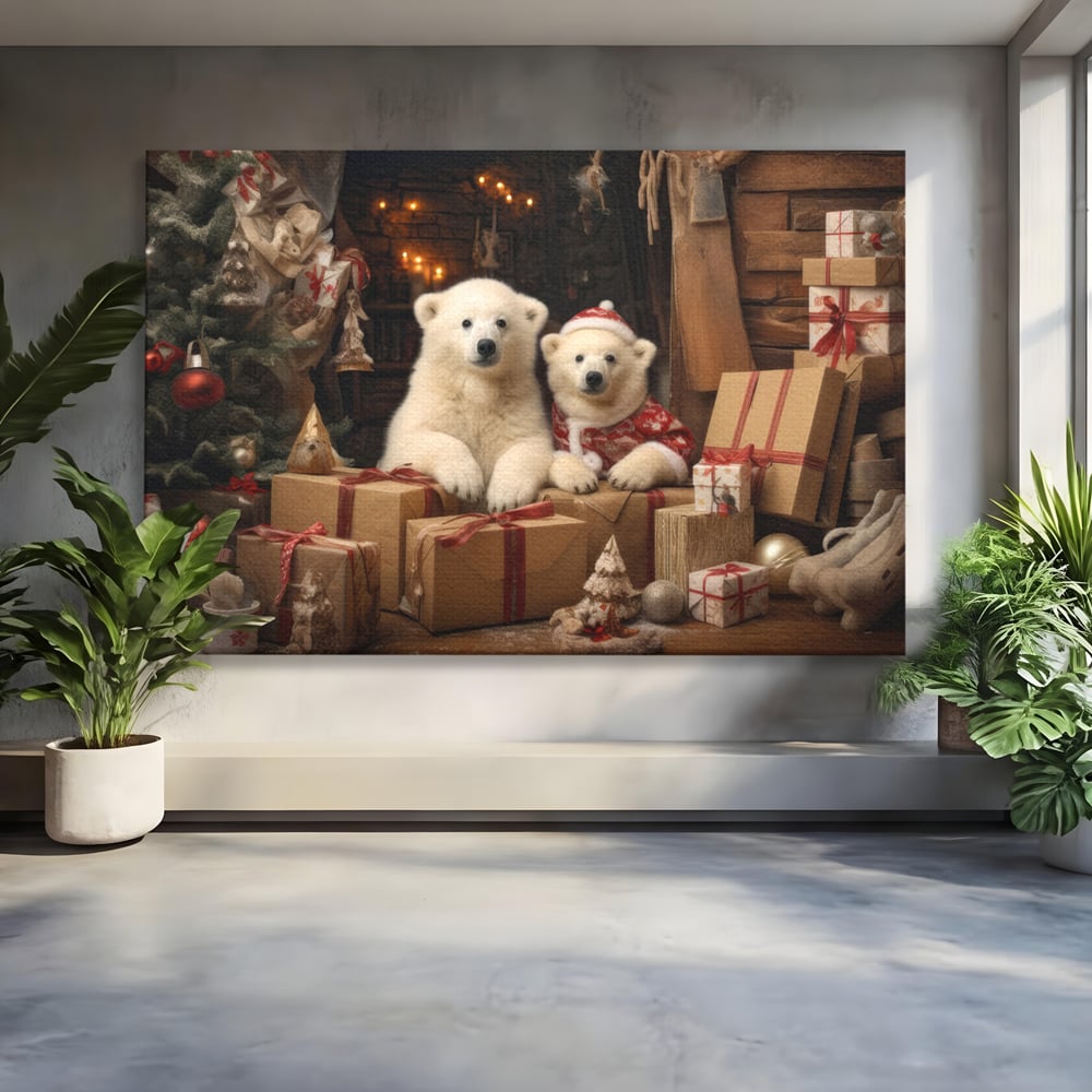 Tablou Canvas Premium LuxCanva® D1037, Craciunul Ursuletilor Polari , Ursi, Polari, Asteptare, Polul Nord, Festiv, Living Room, Culori vibrante