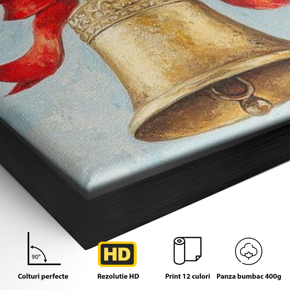 Tablou Canvas Premium LuxCanva® D1039, Clopotelul Muzical , Clopot, Brad, Decoratiune, Auriu, Muzical, Colindat, Living Room, Culori vibrante