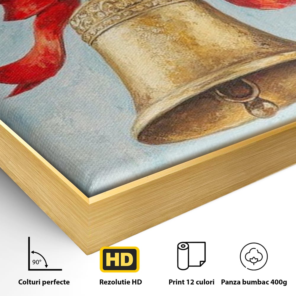 Tablou Canvas Premium LuxCanva® D1039, Clopotelul Muzical , Clopot, Brad, Decoratiune, Auriu, Muzical, Colindat, Living Room, Culori vibrante