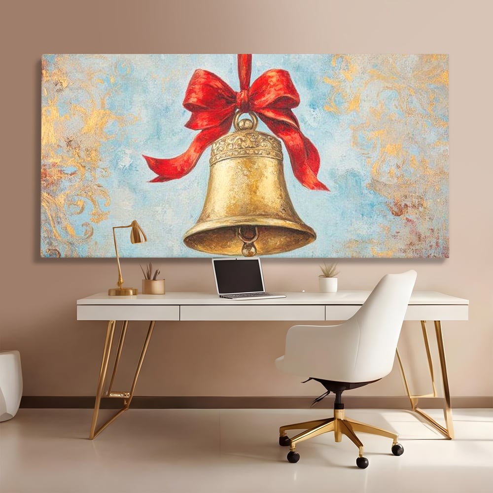 Tablou Canvas Premium LuxCanva® D1039, Clopotelul Muzical , Clopot, Brad, Decoratiune, Auriu, Muzical, Colindat, Living Room, Culori vibrante