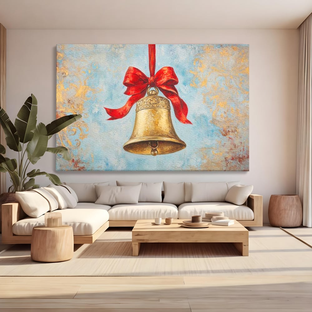 Tablou Canvas Premium LuxCanva® D1039, Clopotelul Muzical , Clopot, Brad, Decoratiune, Auriu, Muzical, Colindat, Living Room, Culori vibrante