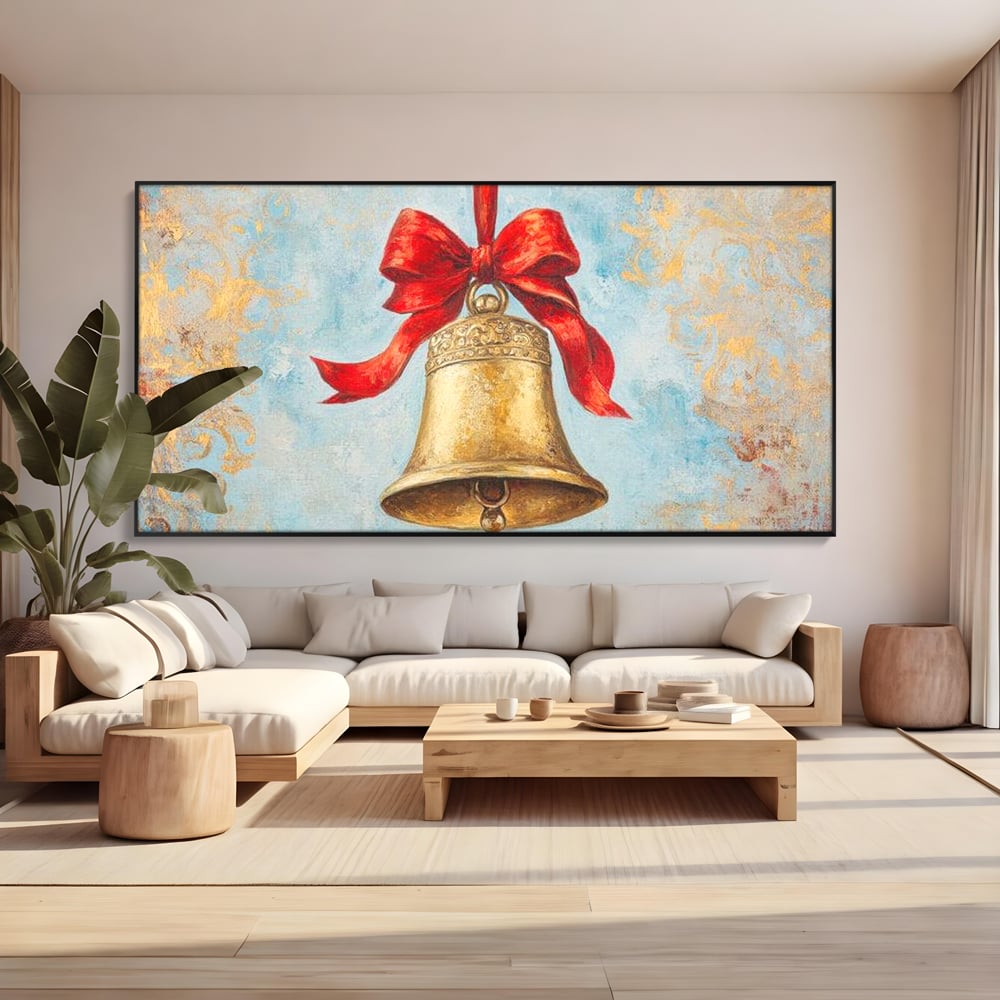 Tablou Canvas Premium LuxCanva® D1039, Clopotelul Muzical , Clopot, Brad, Decoratiune, Auriu, Muzical, Colindat, Living Room, Culori vibrante