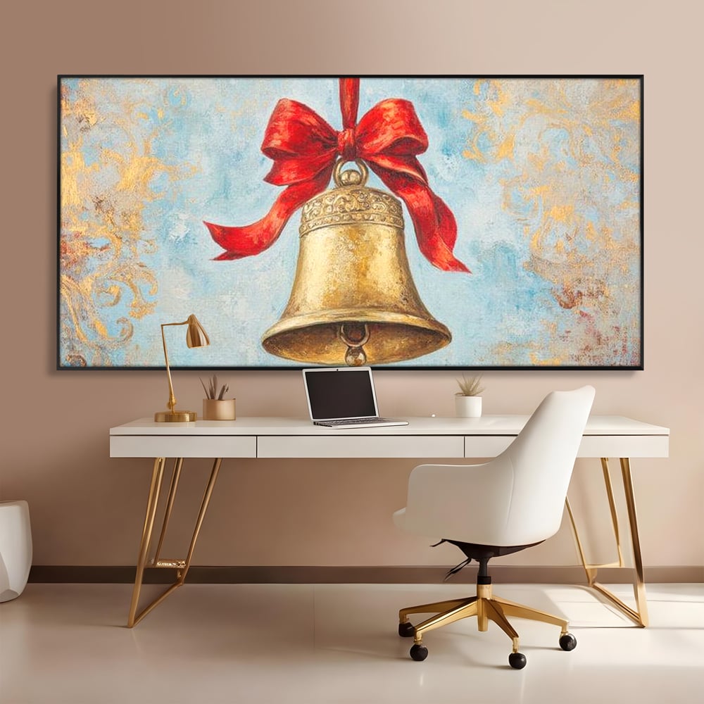Tablou Canvas Premium LuxCanva® D1039, Clopotelul Muzical , Clopot, Brad, Decoratiune, Auriu, Muzical, Colindat, Living Room, Culori vibrante