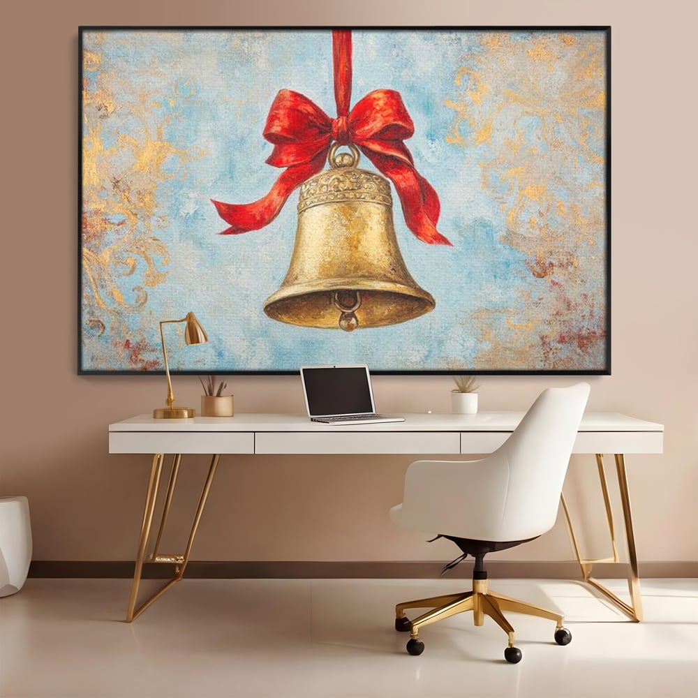 Tablou Canvas Premium LuxCanva® D1039, Clopotelul Muzical , Clopot, Brad, Decoratiune, Auriu, Muzical, Colindat, Living Room, Culori vibrante