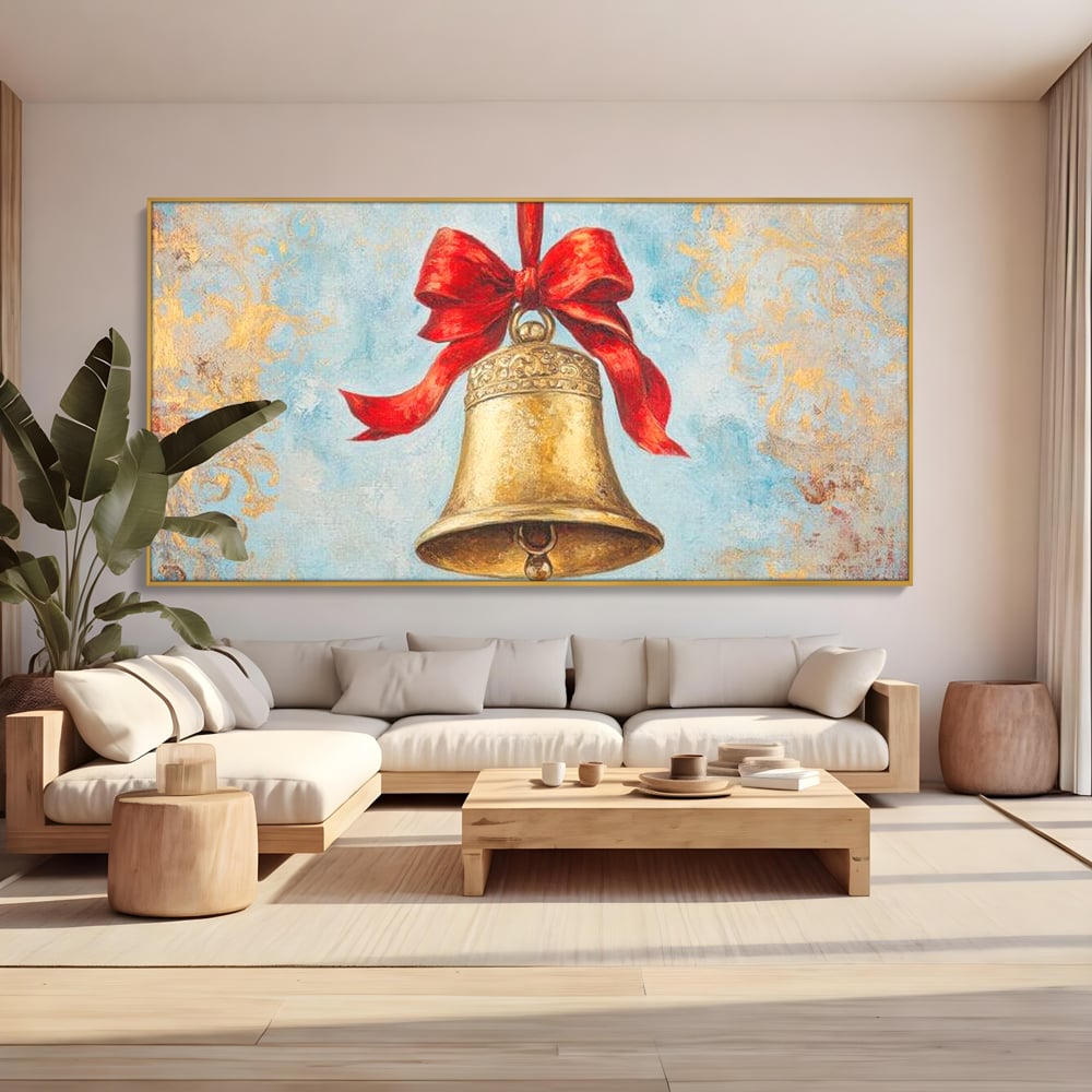 Tablou Canvas Premium LuxCanva® D1039, Clopotelul Muzical , Clopot, Brad, Decoratiune, Auriu, Muzical, Colindat, Living Room, Culori vibrante