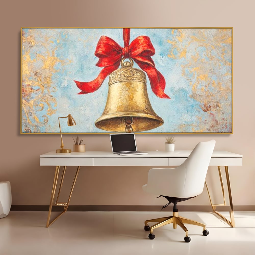 Tablou Canvas Premium LuxCanva® D1039, Clopotelul Muzical , Clopot, Brad, Decoratiune, Auriu, Muzical, Colindat, Living Room, Culori vibrante