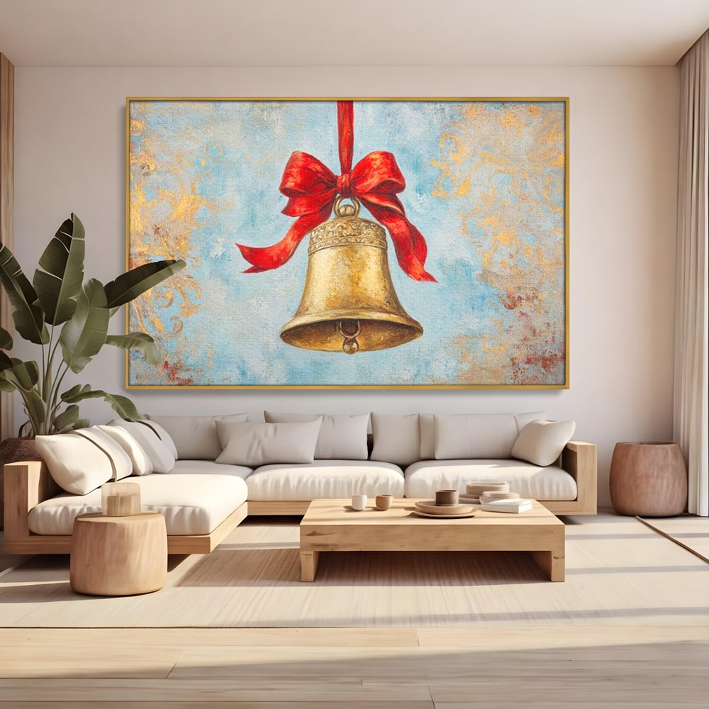 Tablou Canvas Premium LuxCanva® D1039, Clopotelul Muzical , Clopot, Brad, Decoratiune, Auriu, Muzical, Colindat, Living Room, Culori vibrante