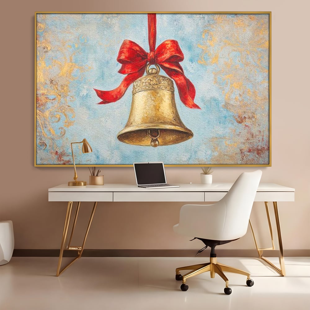 Tablou Canvas Premium LuxCanva® D1039, Clopotelul Muzical , Clopot, Brad, Decoratiune, Auriu, Muzical, Colindat, Living Room, Culori vibrante