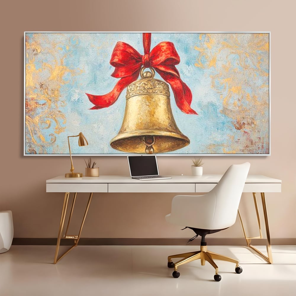 Tablou Canvas Premium LuxCanva® D1039, Clopotelul Muzical , Clopot, Brad, Decoratiune, Auriu, Muzical, Colindat, Living Room, Culori vibrante