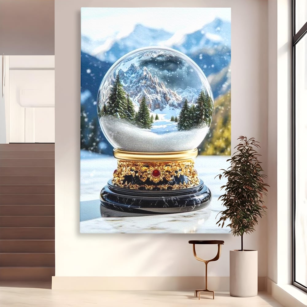 Tablou Canvas Premium LuxCanva® D1040, Globul Alpin , Padure, Brazi, Munti, Glob, Muzical, Omat, Living Room, Culori vibrante