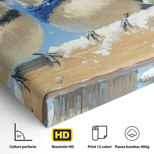 Tablou Canvas Premium LuxCanva® D1041, Pasarile Melodioase , Vrabiute, Caciulite, Creanga, Cantec, Iarna, Living Room, Culori vibrante