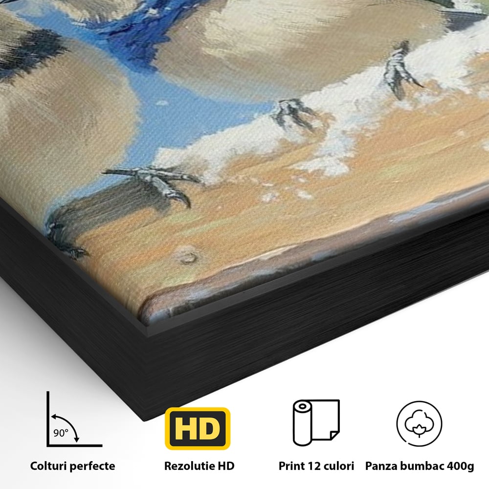 Tablou Canvas Premium LuxCanva® D1041, Pasarile Melodioase , Vrabiute, Caciulite, Creanga, Cantec, Iarna, Living Room, Culori vibrante