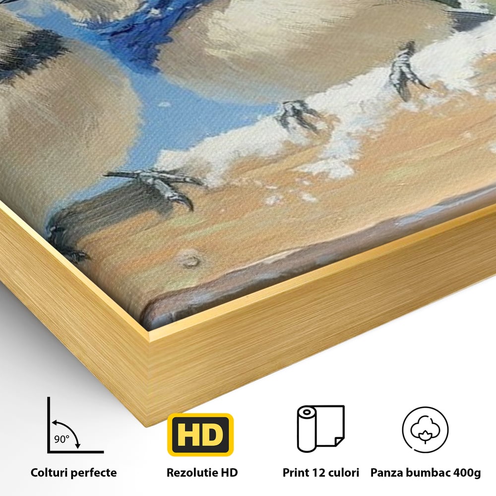 Tablou Canvas Premium LuxCanva® D1041, Pasarile Melodioase , Vrabiute, Caciulite, Creanga, Cantec, Iarna, Living Room, Culori vibrante