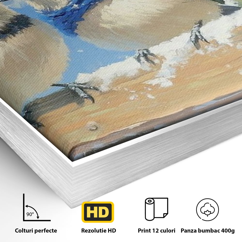 Tablou Canvas Premium LuxCanva® D1041, Pasarile Melodioase , Vrabiute, Caciulite, Creanga, Cantec, Iarna, Living Room, Culori vibrante