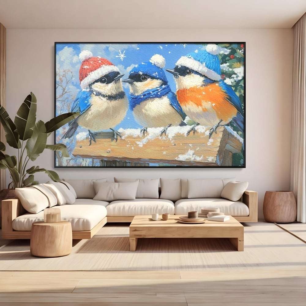 Tablou Canvas Premium LuxCanva® D1041, Pasarile Melodioase , Vrabiute, Caciulite, Creanga, Cantec, Iarna, Living Room, Culori vibrante