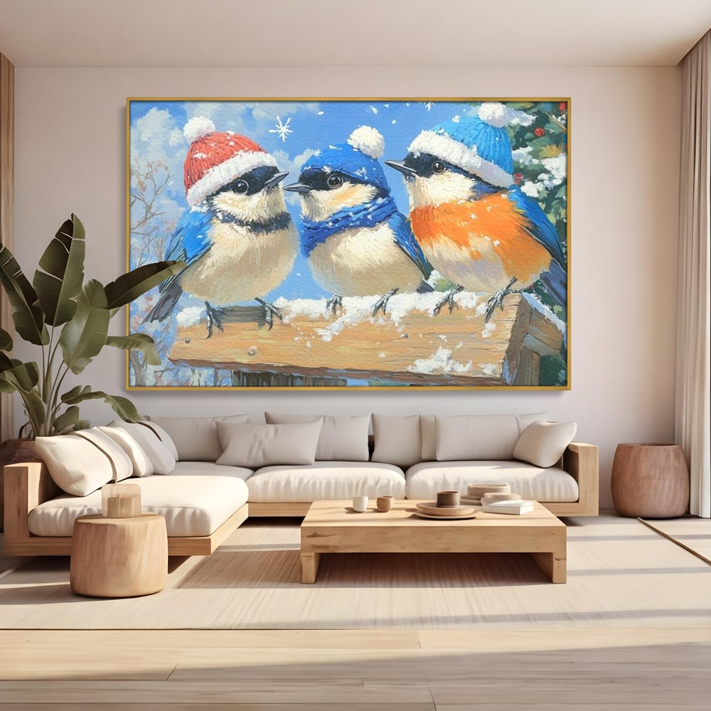 Tablou Canvas Premium LuxCanva® D1041, Pasarile Melodioase , Vrabiute, Caciulite, Creanga, Cantec, Iarna, Living Room, Culori vibrante