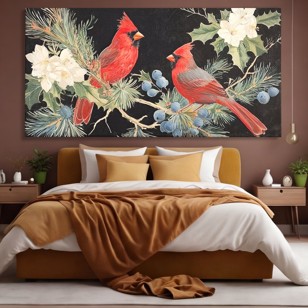 Tablou Canvas Premium LuxCanva® D1043, Cardinali in Pacea Iernii , Cardinali, Rosu, Dragoste, Pereche, Iarna, Living Room, Culori vibrante