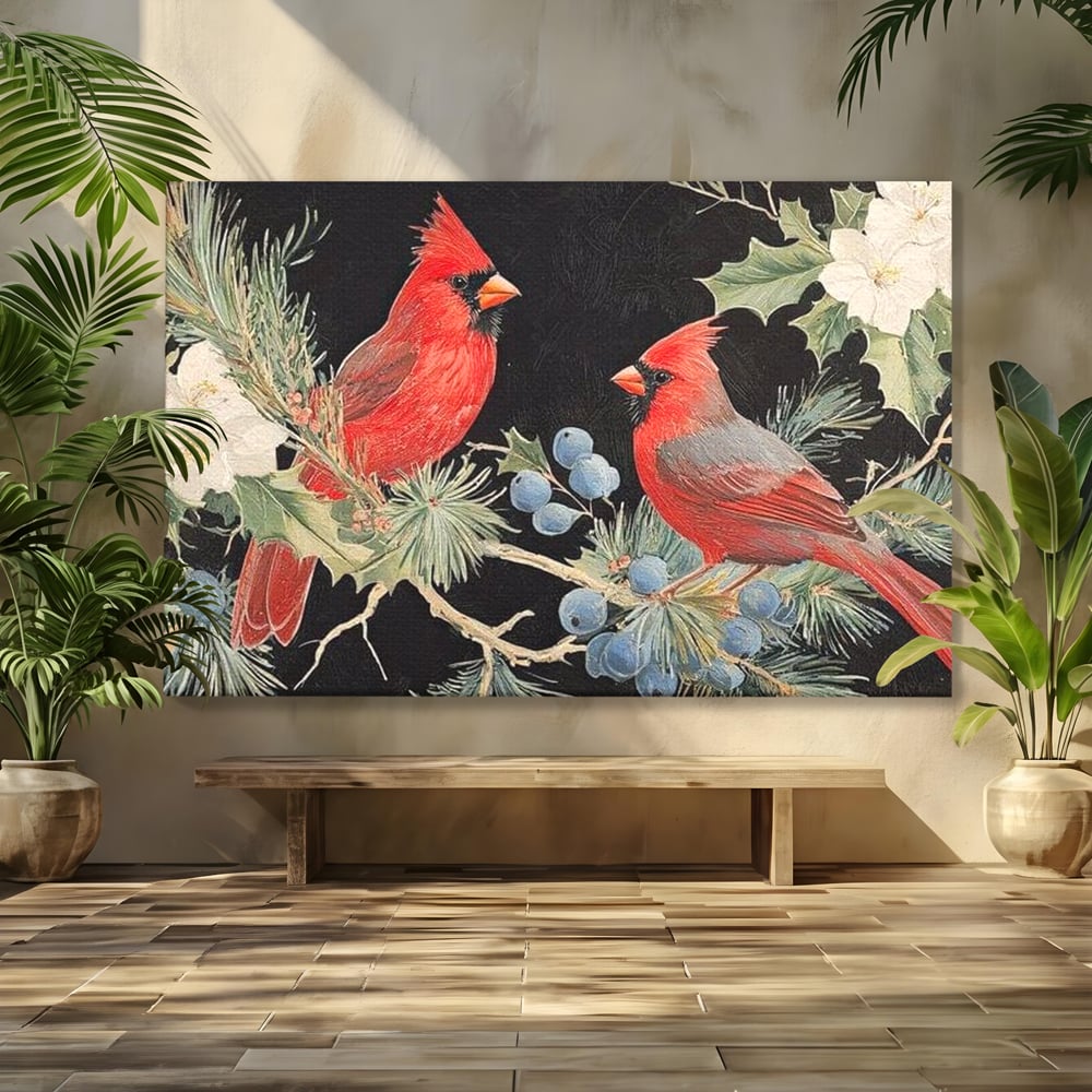 Tablou Canvas Premium LuxCanva® D1043, Cardinali in Pacea Iernii , Cardinali, Rosu, Dragoste, Pereche, Iarna, Living Room, Culori vibrante