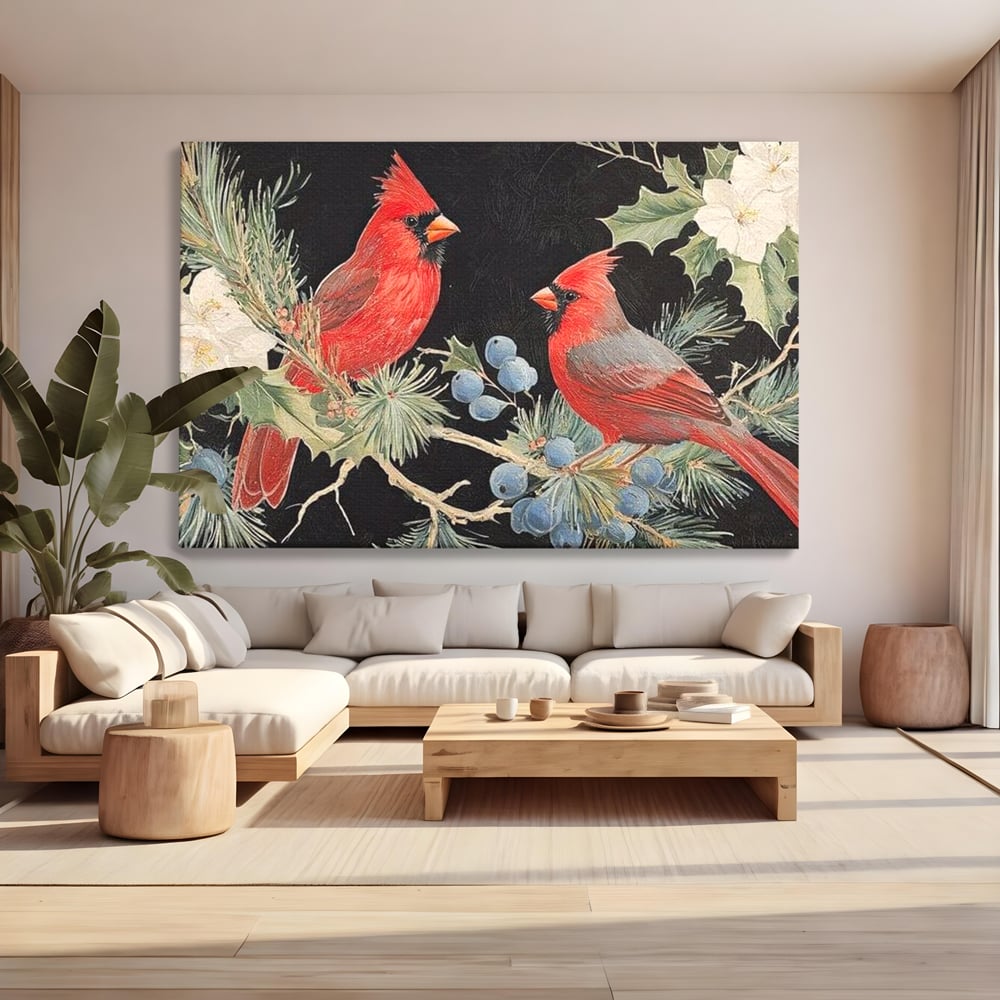 Tablou Canvas Premium LuxCanva® D1043, Cardinali in Pacea Iernii , Cardinali, Rosu, Dragoste, Pereche, Iarna, Living Room, Culori vibrante