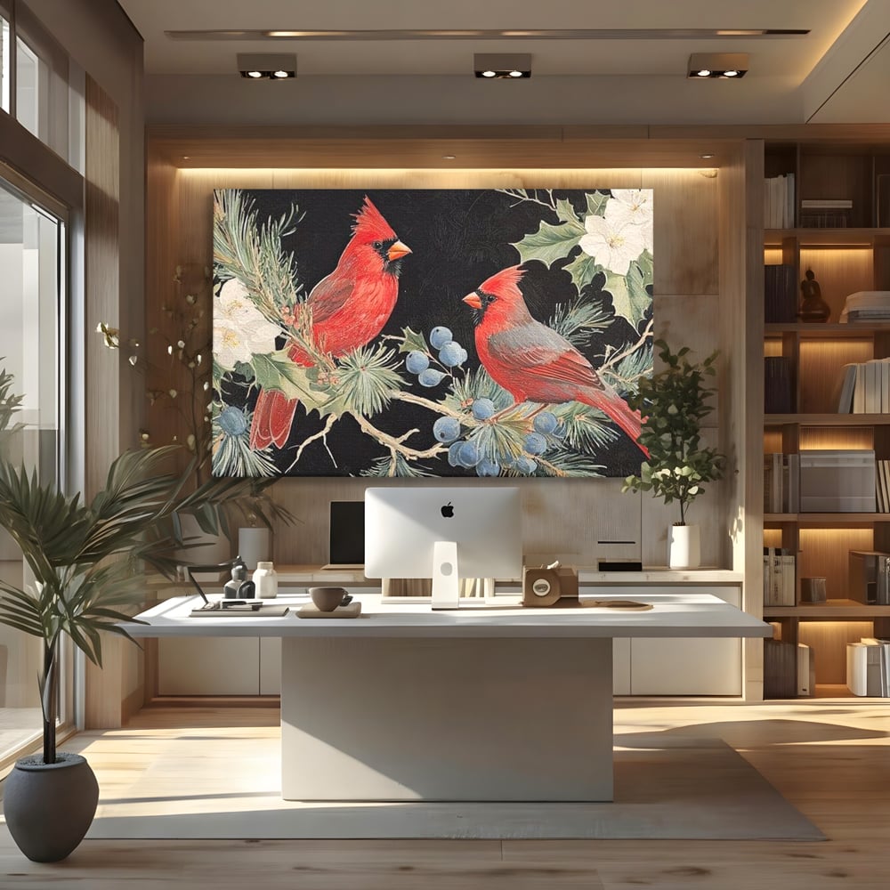 Tablou Canvas Premium LuxCanva® D1043, Cardinali in Pacea Iernii , Cardinali, Rosu, Dragoste, Pereche, Iarna, Living Room, Culori vibrante