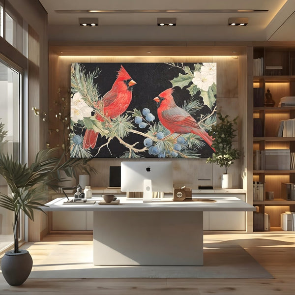 Tablou Canvas Premium LuxCanva® D1043, Cardinali in Pacea Iernii , Cardinali, Rosu, Dragoste, Pereche, Iarna, Living Room, Culori vibrante