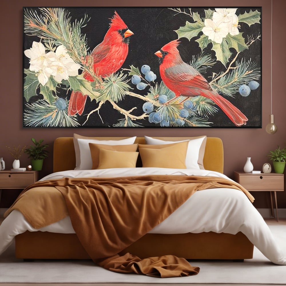 Tablou Canvas Premium LuxCanva® D1043, Cardinali in Pacea Iernii , Cardinali, Rosu, Dragoste, Pereche, Iarna, Living Room, Culori vibrante