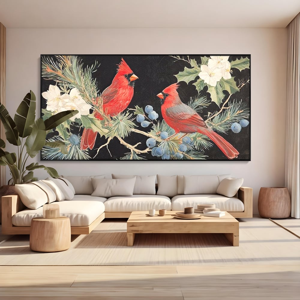Tablou Canvas Premium LuxCanva® D1043, Cardinali in Pacea Iernii , Cardinali, Rosu, Dragoste, Pereche, Iarna, Living Room, Culori vibrante