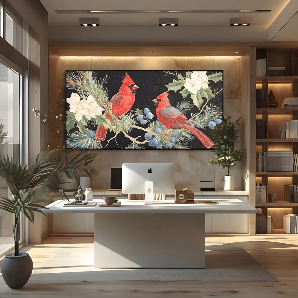 Tablou Canvas Premium LuxCanva® D1043, Cardinali in Pacea Iernii , Cardinali, Rosu, Dragoste, Pereche, Iarna, Living Room, Culori vibrante