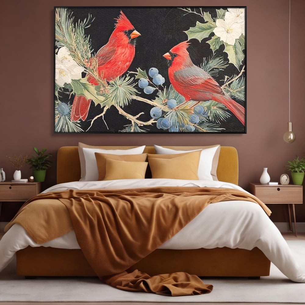 Tablou Canvas Premium LuxCanva® D1043, Cardinali in Pacea Iernii , Cardinali, Rosu, Dragoste, Pereche, Iarna, Living Room, Culori vibrante