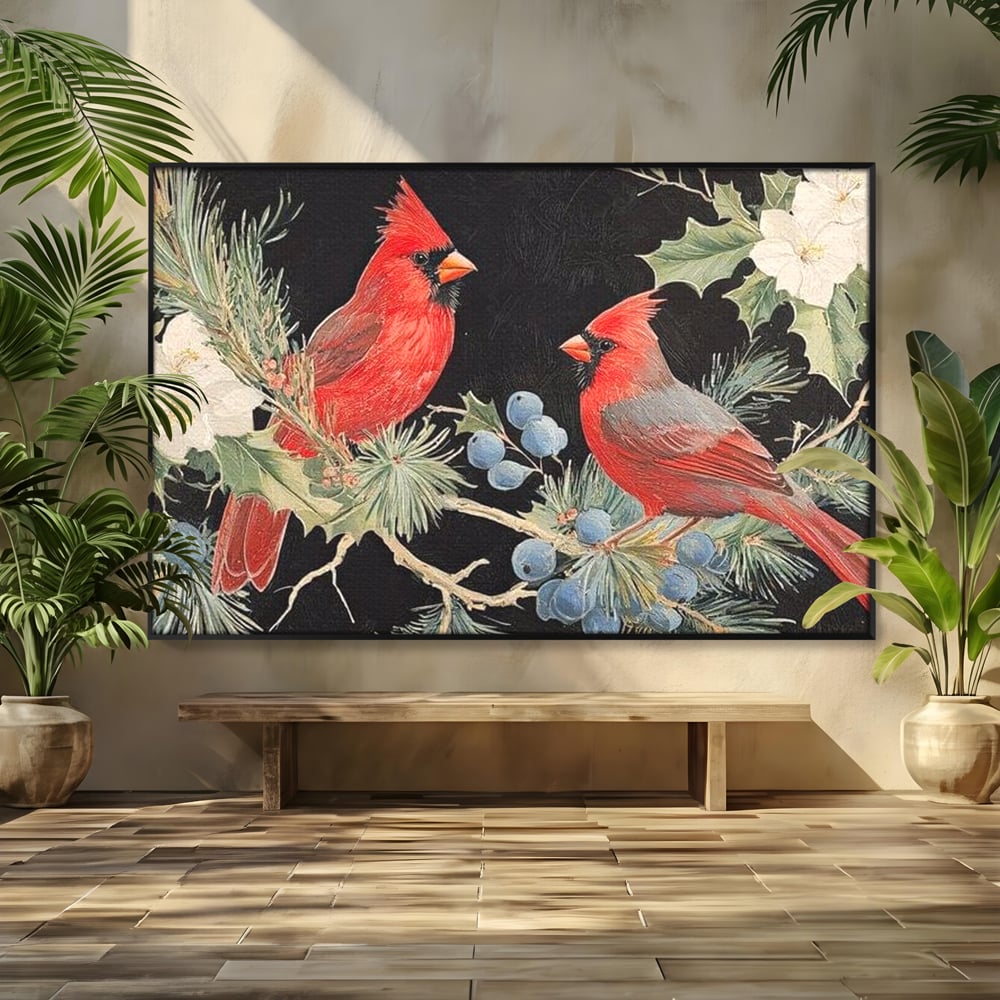 Tablou Canvas Premium LuxCanva® D1043, Cardinali in Pacea Iernii , Cardinali, Rosu, Dragoste, Pereche, Iarna, Living Room, Culori vibrante
