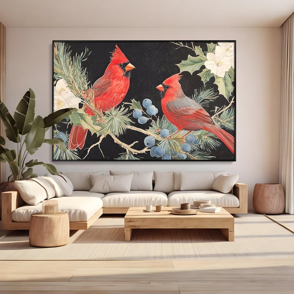 Tablou Canvas Premium LuxCanva® D1043, Cardinali in Pacea Iernii , Cardinali, Rosu, Dragoste, Pereche, Iarna, Living Room, Culori vibrante