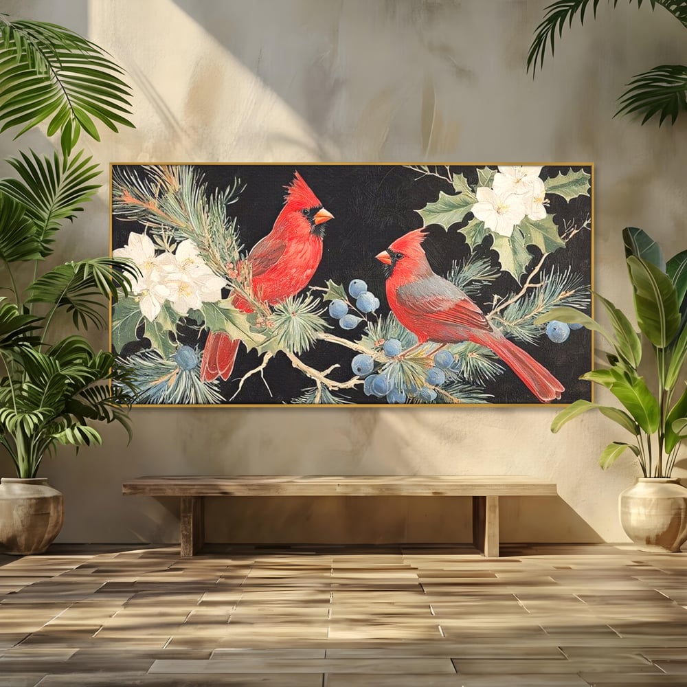 Tablou Canvas Premium LuxCanva® D1043, Cardinali in Pacea Iernii , Cardinali, Rosu, Dragoste, Pereche, Iarna, Living Room, Culori vibrante