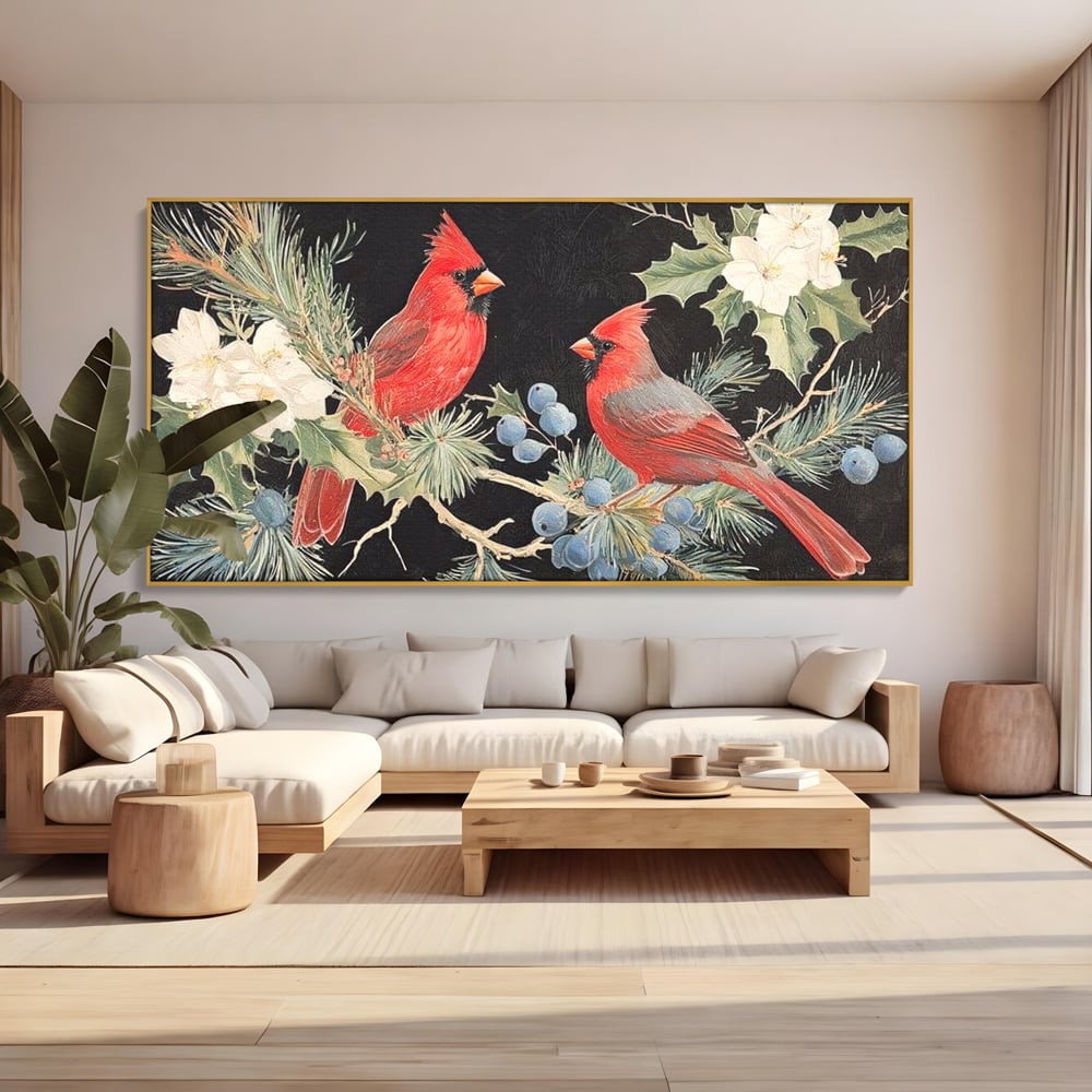 Tablou Canvas Premium LuxCanva® D1043, Cardinali in Pacea Iernii , Cardinali, Rosu, Dragoste, Pereche, Iarna, Living Room, Culori vibrante