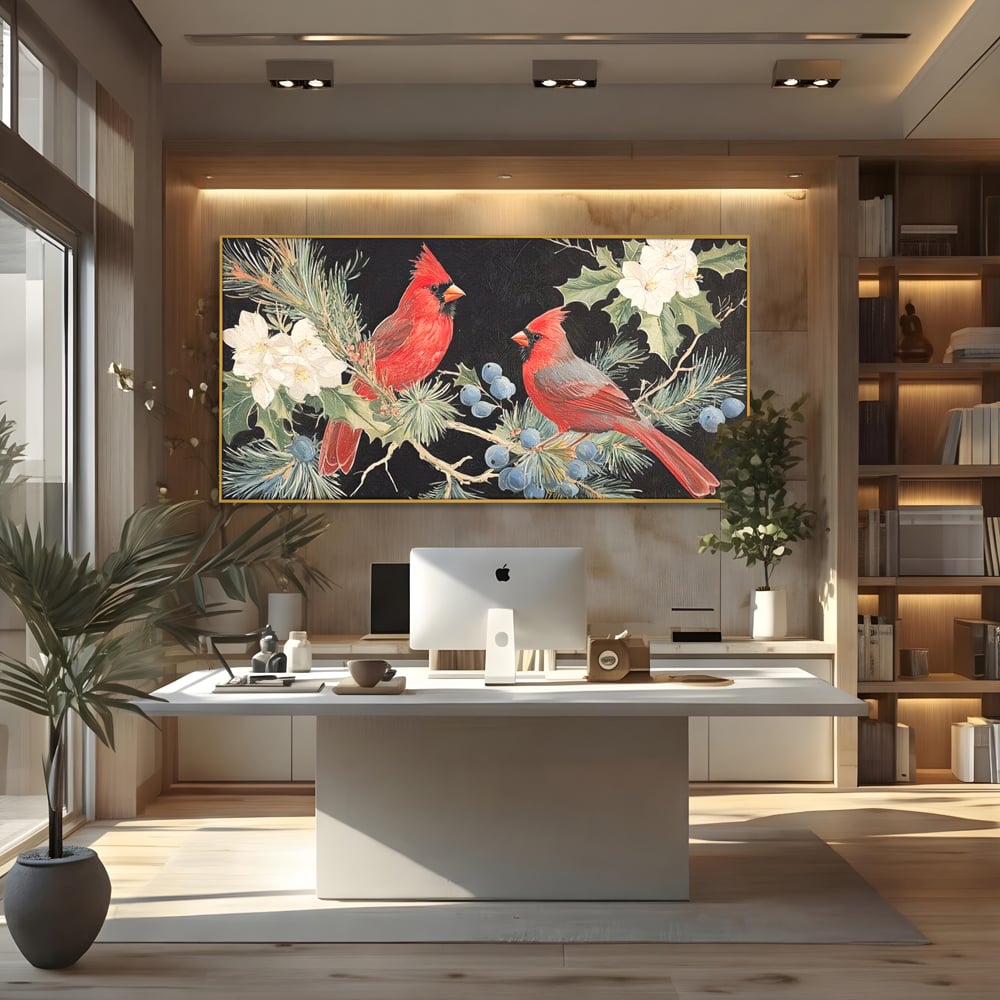 Tablou Canvas Premium LuxCanva® D1043, Cardinali in Pacea Iernii , Cardinali, Rosu, Dragoste, Pereche, Iarna, Living Room, Culori vibrante