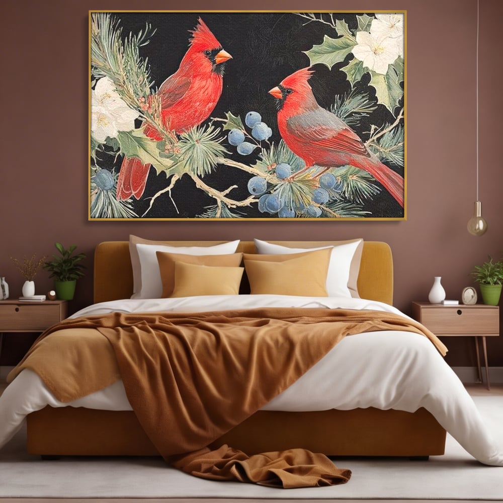 Tablou Canvas Premium LuxCanva® D1043, Cardinali in Pacea Iernii , Cardinali, Rosu, Dragoste, Pereche, Iarna, Living Room, Culori vibrante