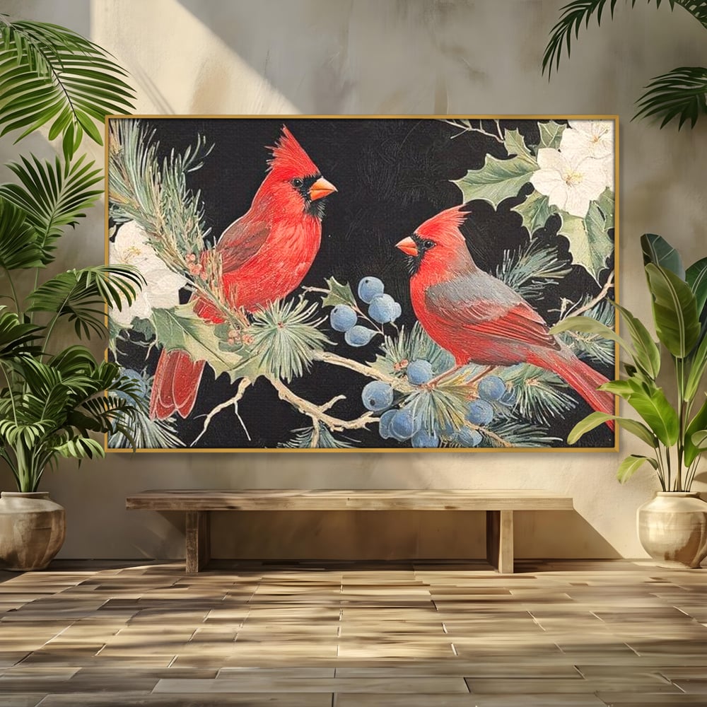 Tablou Canvas Premium LuxCanva® D1043, Cardinali in Pacea Iernii , Cardinali, Rosu, Dragoste, Pereche, Iarna, Living Room, Culori vibrante