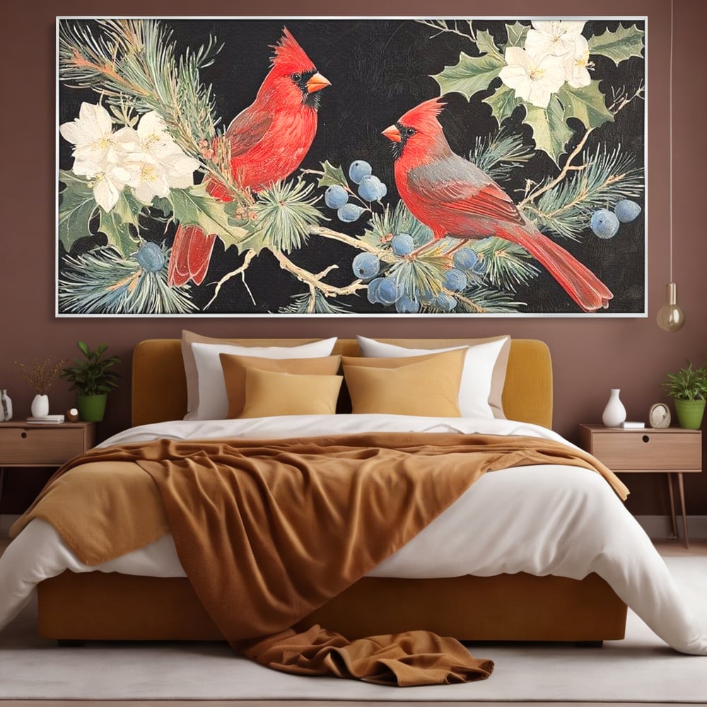 Tablou Canvas Premium LuxCanva® D1043, Cardinali in Pacea Iernii , Cardinali, Rosu, Dragoste, Pereche, Iarna, Living Room, Culori vibrante