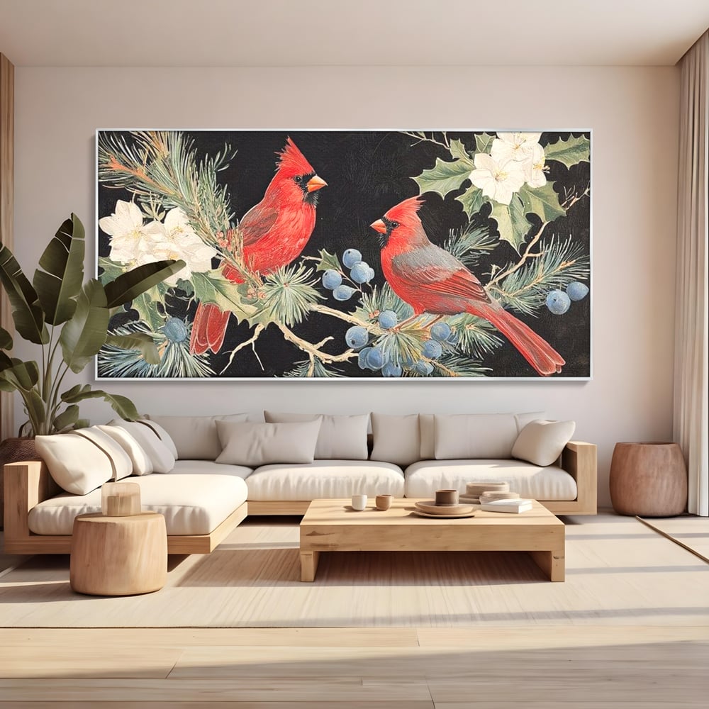Tablou Canvas Premium LuxCanva® D1043, Cardinali in Pacea Iernii , Cardinali, Rosu, Dragoste, Pereche, Iarna, Living Room, Culori vibrante