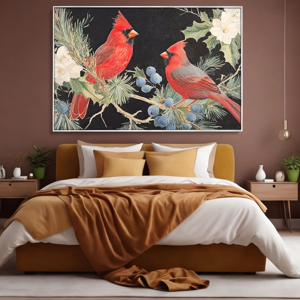 Tablou Canvas Premium LuxCanva® D1043, Cardinali in Pacea Iernii , Cardinali, Rosu, Dragoste, Pereche, Iarna, Living Room, Culori vibrante