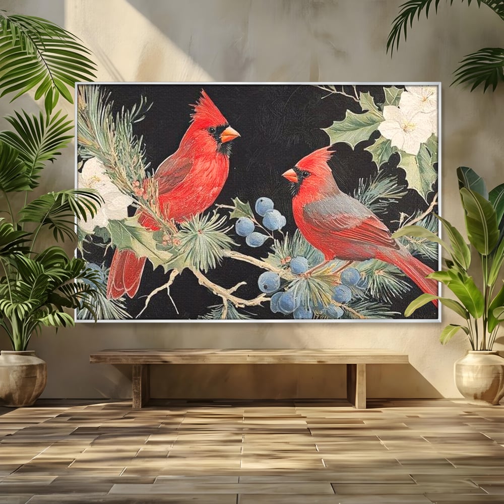 Tablou Canvas Premium LuxCanva® D1043, Cardinali in Pacea Iernii , Cardinali, Rosu, Dragoste, Pereche, Iarna, Living Room, Culori vibrante