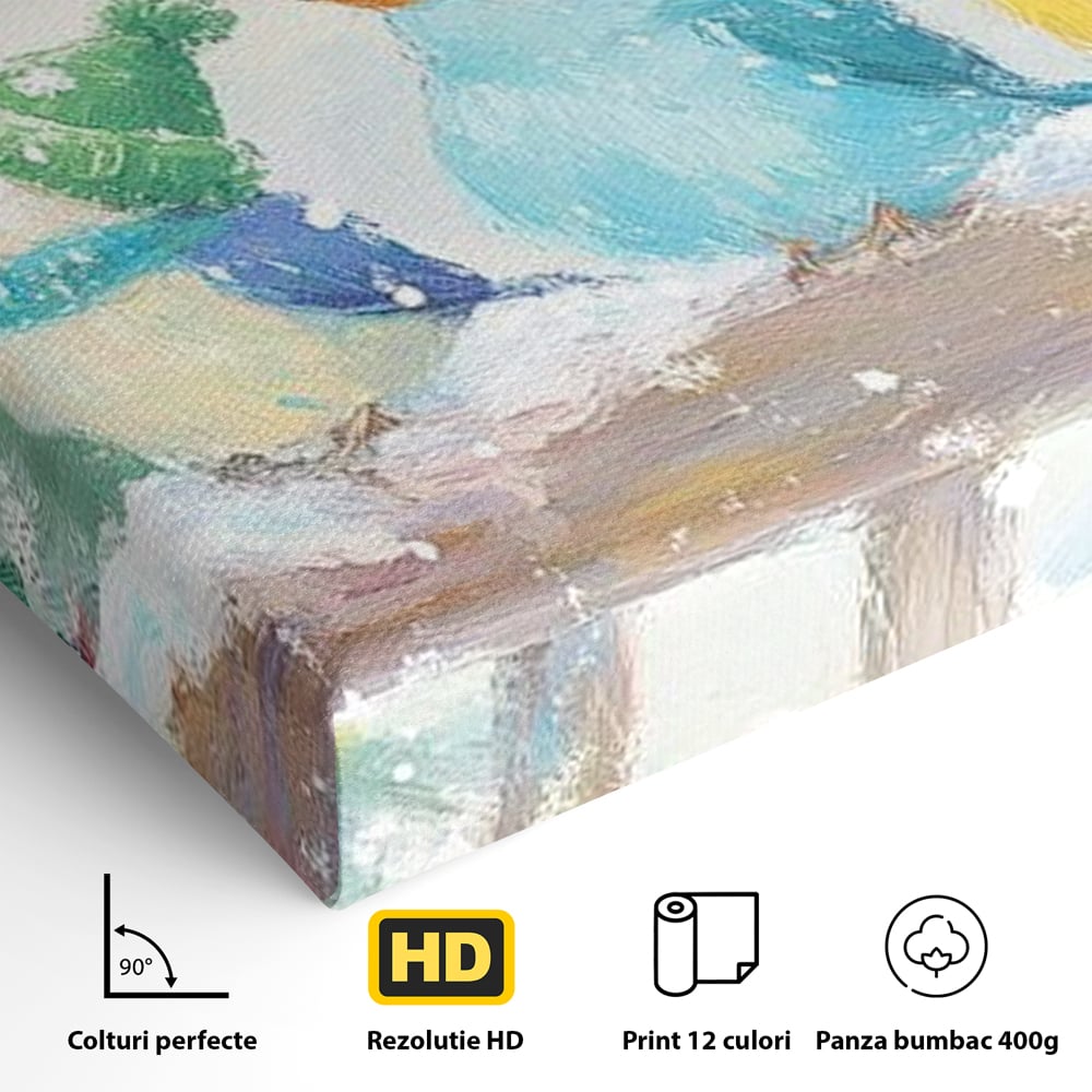 Tablou Canvas Premium LuxCanva® D1044, Pasarele in Straie de Iarna , Vrabiute, Iernatica, Veselie, Cantec, Prietenie, Living Room, Culori vibrante