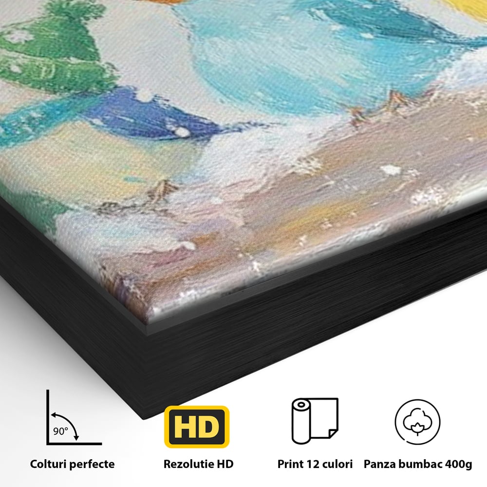 Tablou Canvas Premium LuxCanva® D1044, Pasarele in Straie de Iarna , Vrabiute, Iernatica, Veselie, Cantec, Prietenie, Living Room, Culori vibrante