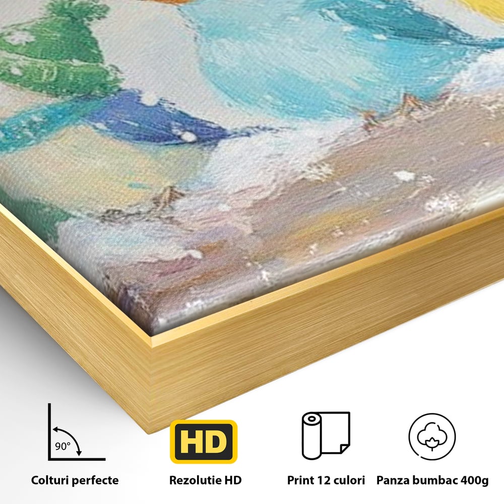 Tablou Canvas Premium LuxCanva® D1044, Pasarele in Straie de Iarna , Vrabiute, Iernatica, Veselie, Cantec, Prietenie, Living Room, Culori vibrante