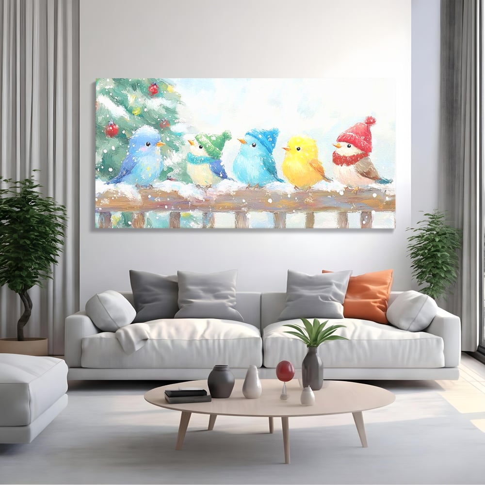 Tablou Canvas Premium LuxCanva® D1044, Pasarele in Straie de Iarna , Vrabiute, Iernatica, Veselie, Cantec, Prietenie, Living Room, Culori vibrante