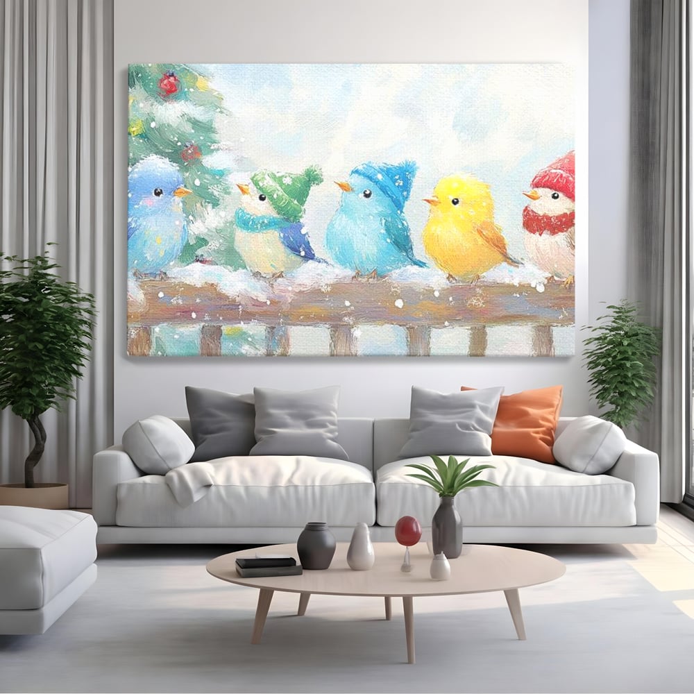 Tablou Canvas Premium LuxCanva® D1044, Pasarele in Straie de Iarna , Vrabiute, Iernatica, Veselie, Cantec, Prietenie, Living Room, Culori vibrante