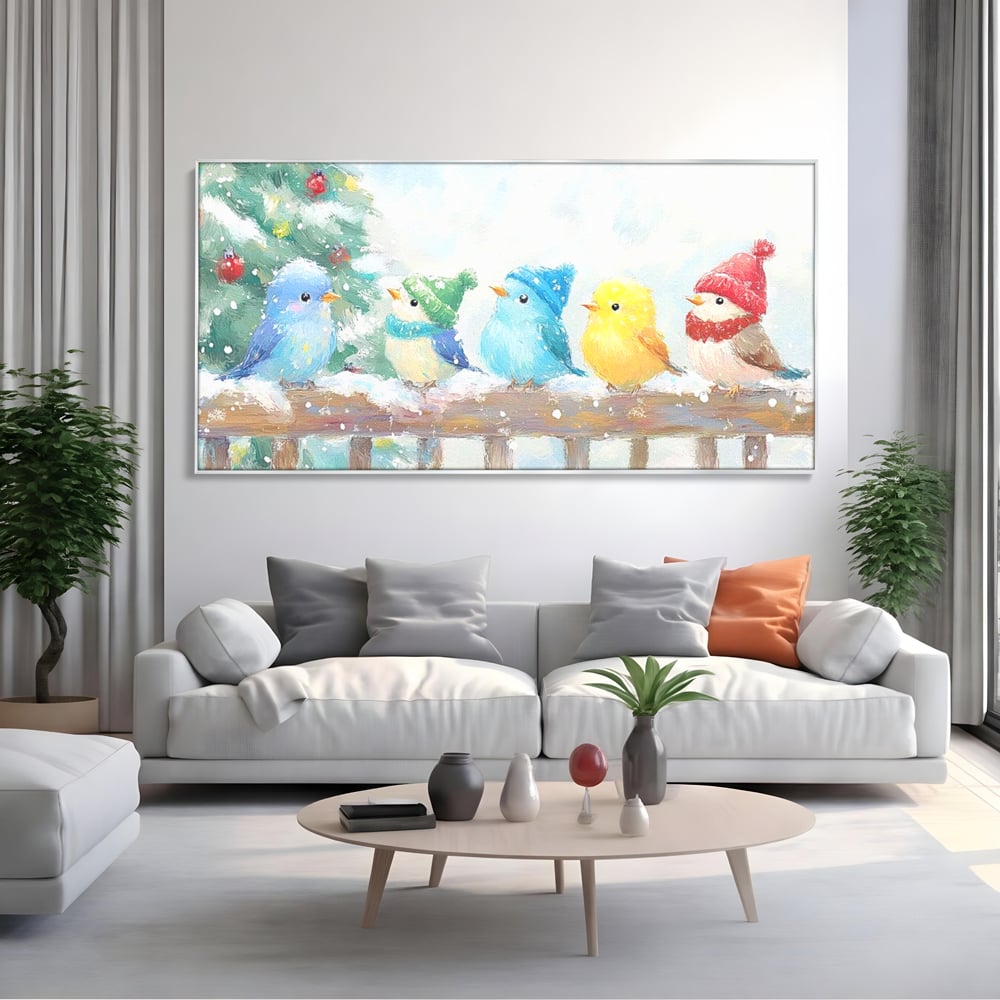 Tablou Canvas Premium LuxCanva® D1044, Pasarele in Straie de Iarna , Vrabiute, Iernatica, Veselie, Cantec, Prietenie, Living Room, Culori vibrante