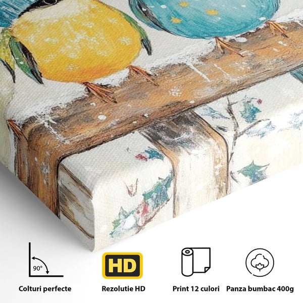Tablou Canvas Premium LuxCanva® D1045, Moda Iernii pentru Inaripati , Vrabiute, Iarna, Prieteni, Zapada, Discutii, Living Room, Culori vibrante