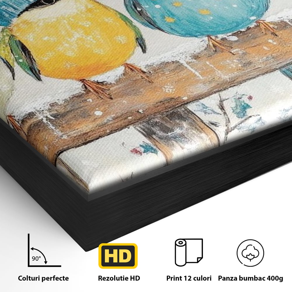 Tablou Canvas Premium LuxCanva® D1045, Moda Iernii pentru Inaripati , Vrabiute, Iarna, Prieteni, Zapada, Discutii, Living Room, Culori vibrante